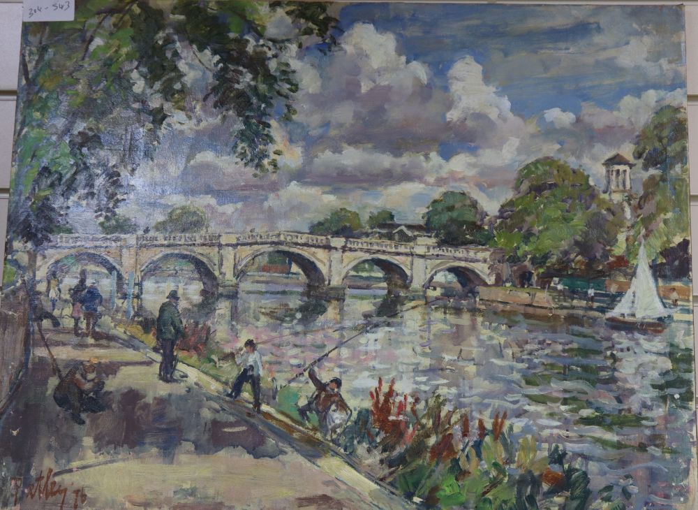 Llewellyn Petley Jones (1908-1986), oil on canvas, Summer day, Richmond Bridge, signed and dated 1976, inscribed verso, 50 x 66cm, unfr